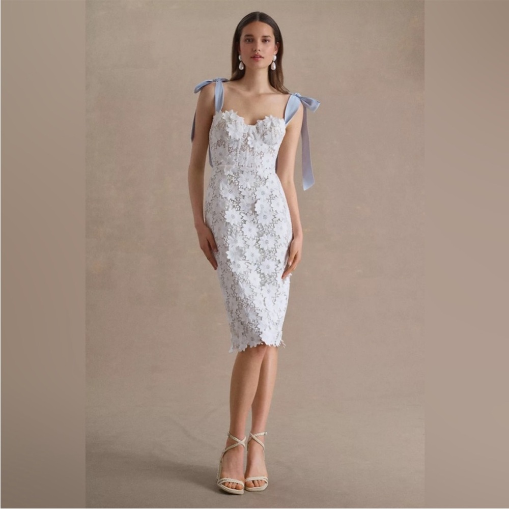 White Watters Ambrosia Bow-Strap Lace Midi Dress
